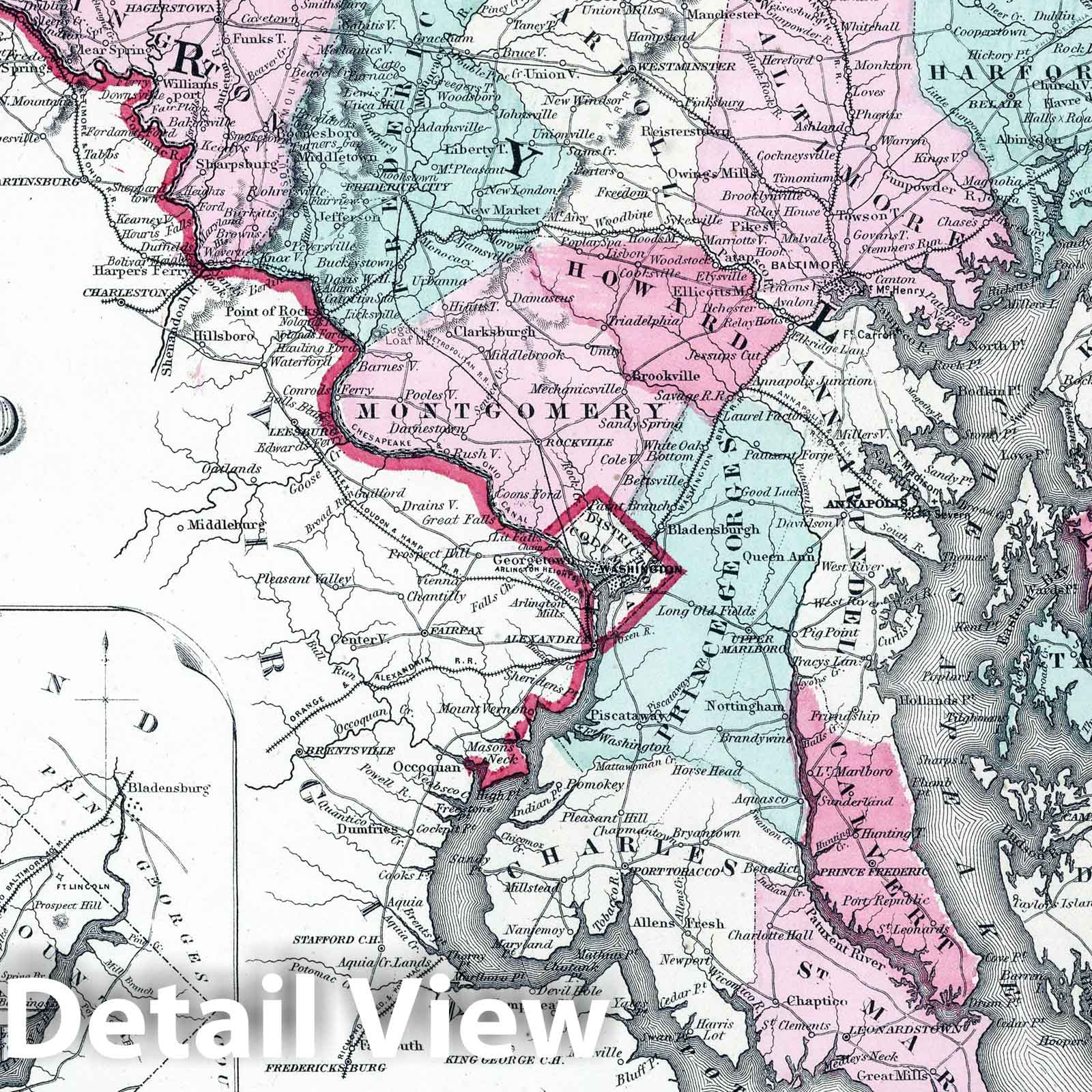 Delaware and Maryland - Physical Map, 1865 - Johnson's Family Atlas