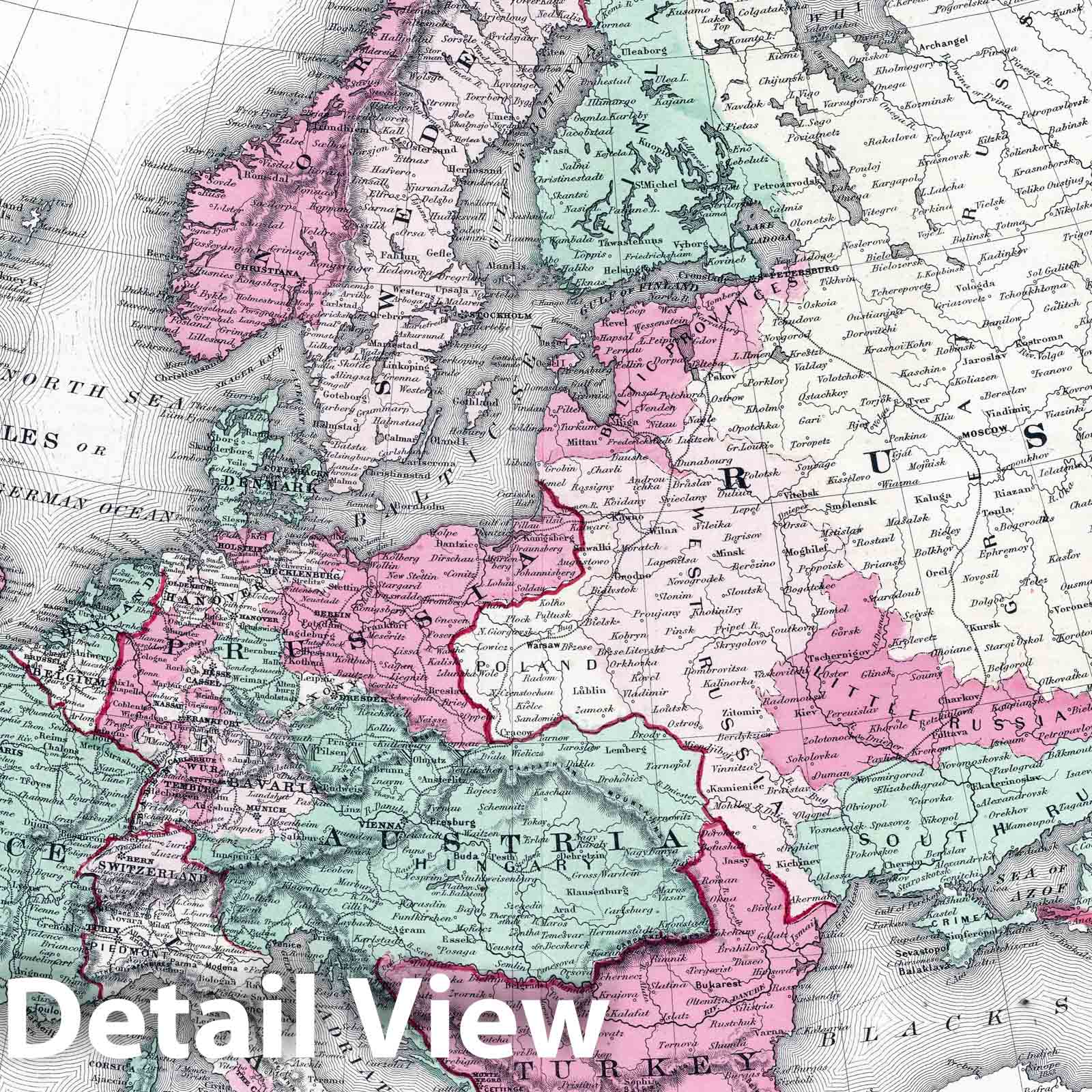 Europe - Physical Map, 1864 - Johnson's New Illustrated Family Atlas
