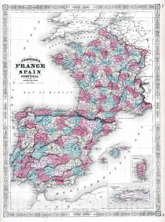 Historic Map : 1865 France, Spain and Portugal : Vintage Wall Art