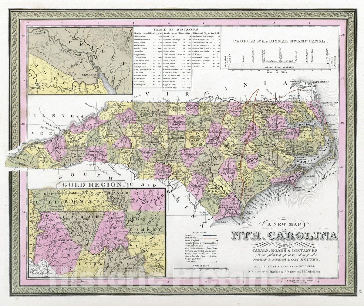 Historic Map : 1849 New Map of North Carolina with its Canals, Roads & Distances - Vintage Wall Art