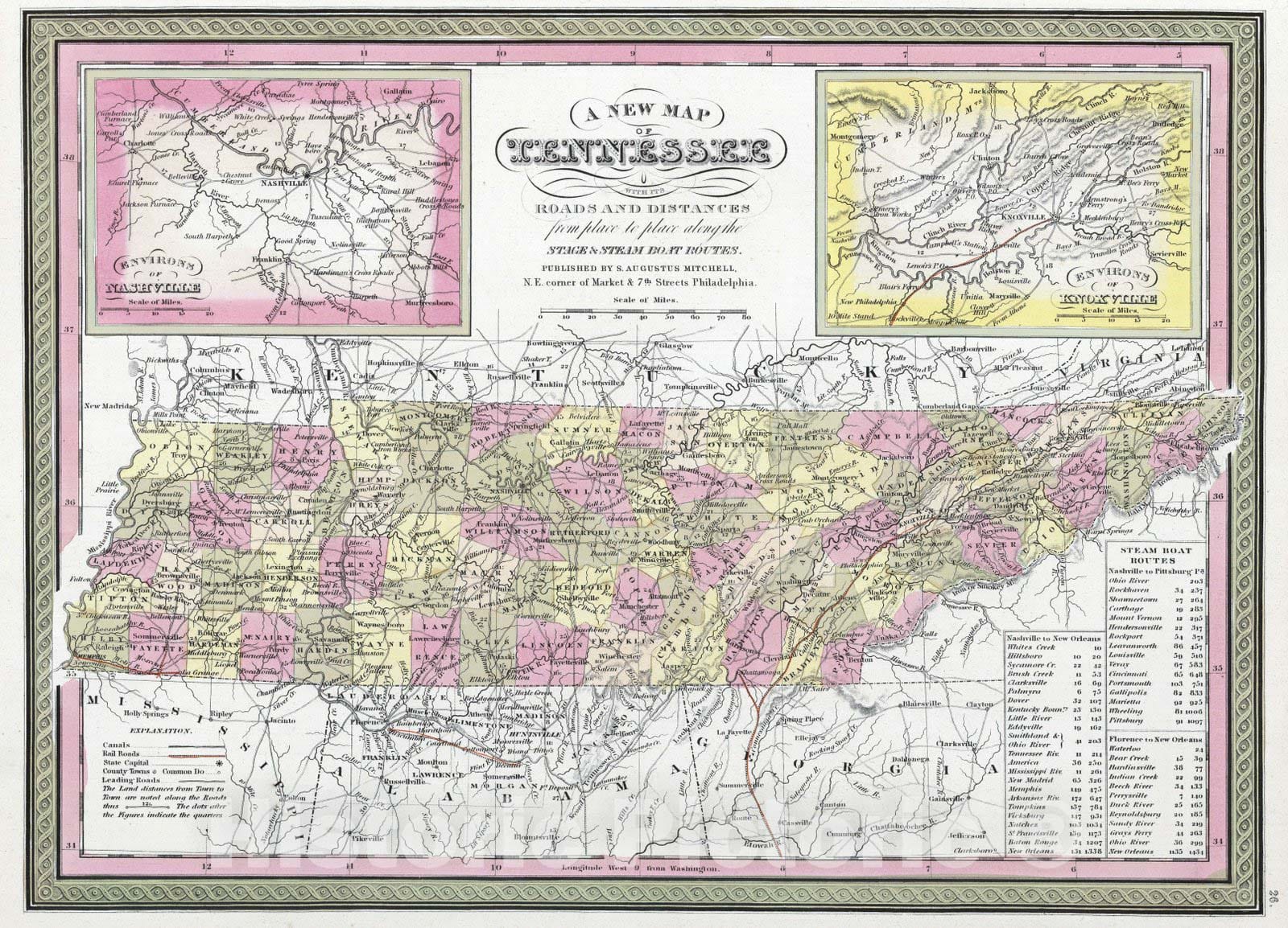 Historic Map : 1849 New Map of Tennessee with its Canals, Roads & Distances - Vintage Wall Art