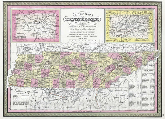 Historic Map : 1849 New Map of Tennessee with its Canals, Roads & Distances - Vintage Wall Art