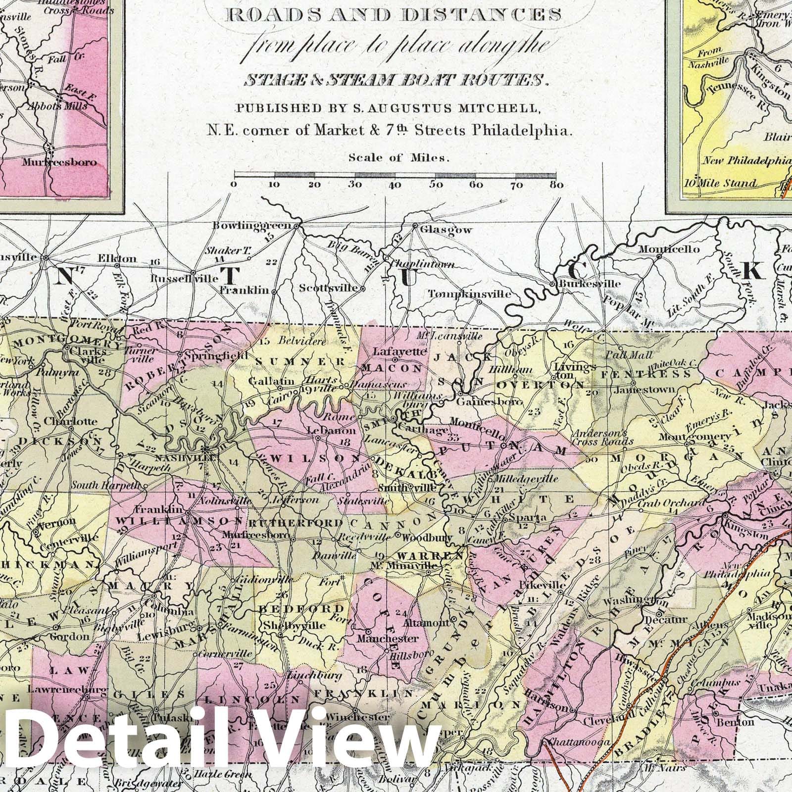 Tennessee with Environs of Nashville and Knoxville - 1849 Historical Map Print