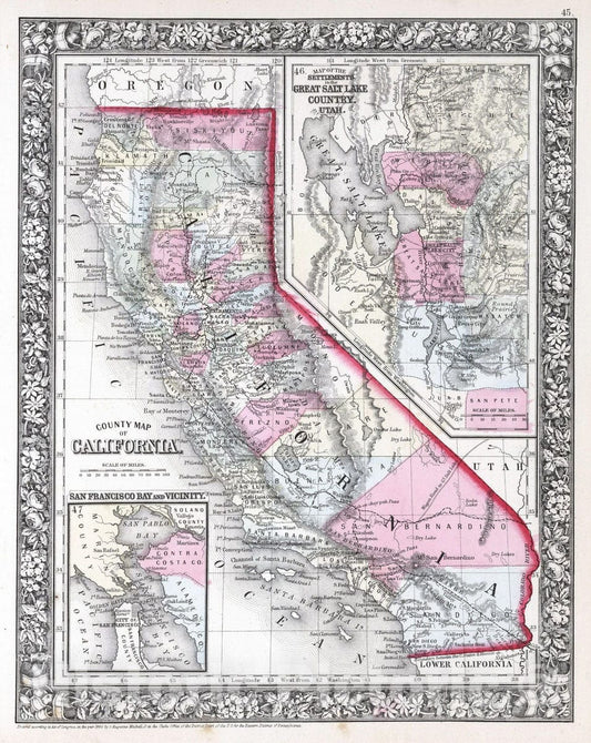 Historic Map : 1865 County map of California - Vintage Wall Art