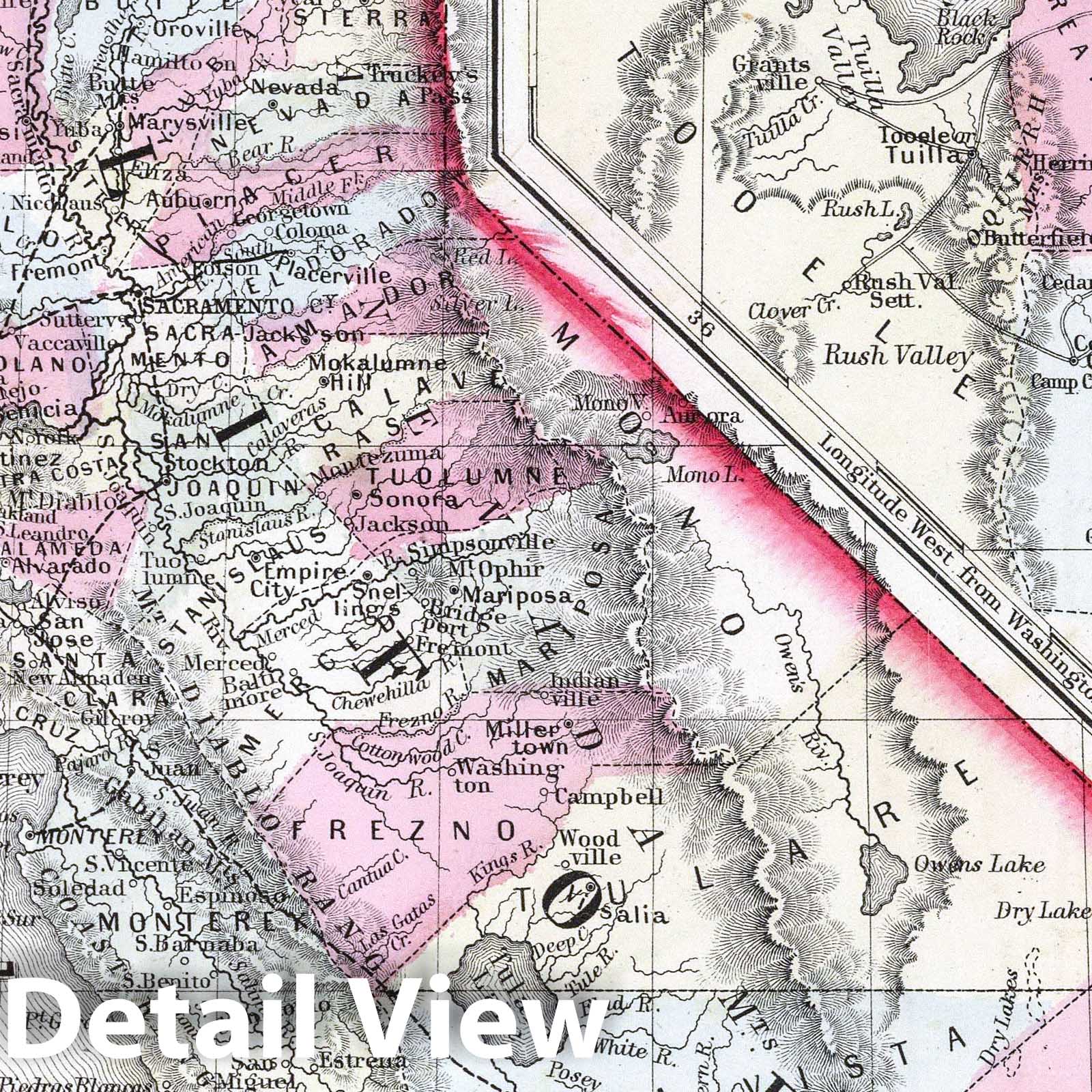 California by County with Great Salt Lake and San Francisco, 1865 - Historical Map Print