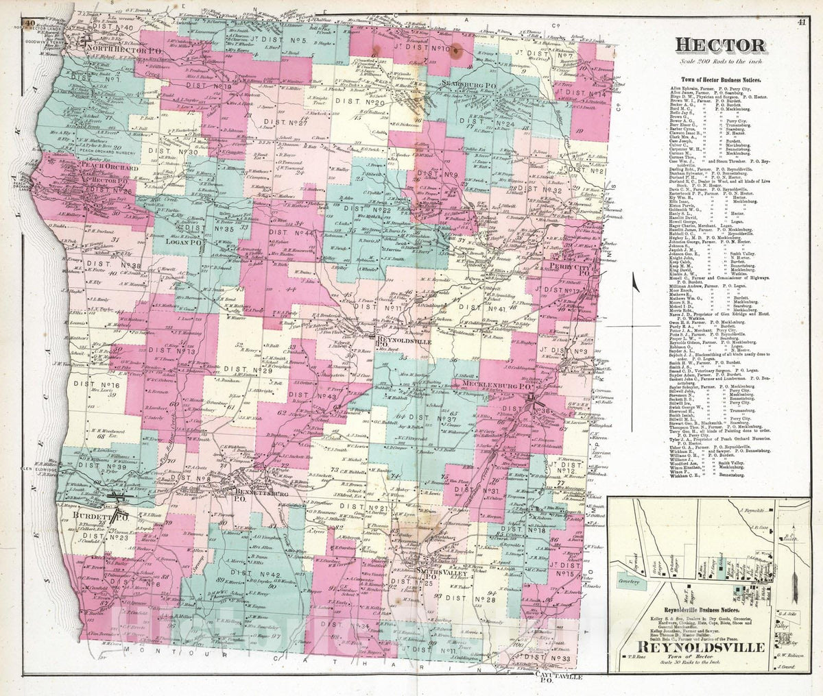 Historic Map : 1874 Hector, Schuyler County, New York. Reynoldsville. - Vintage Wall Art