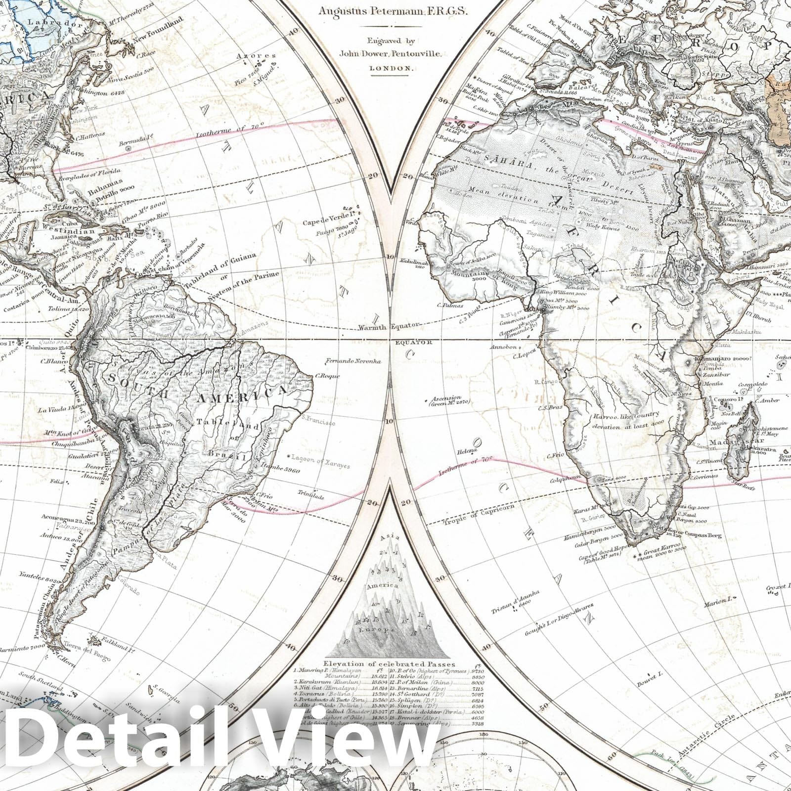 World - Orographical Map, 1850 - Historical Topographic Map Print
