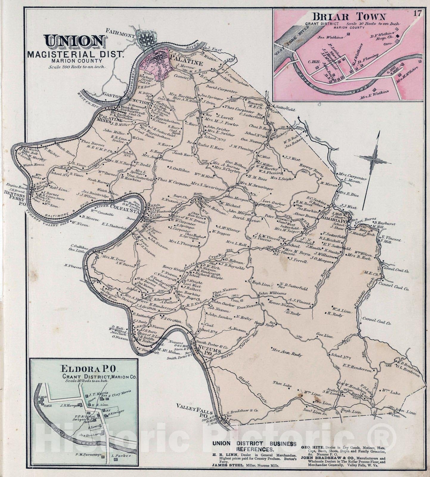 Historic Map : 1886 Union Magisterial District, Marion County, West Virginia. Eldora. Briar Town. - Vintage Wall Art