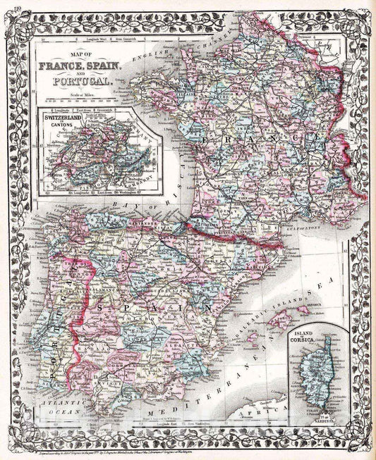 Historic Wall Map : 1877 Map of France, Spain and Portugal - Vintage Wall Art