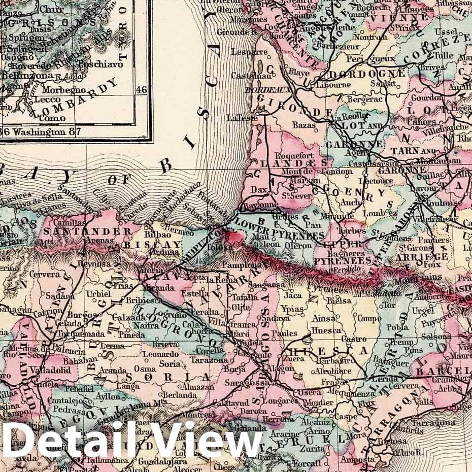 France, Spain, and Portugal - Railroad Map, 1877 - Historical Map Print