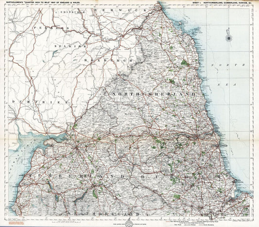 Historic Wall Map : National Atlas - 1919 Sheet 1. Northumberland, Cumberland, Durham, c. - Vintage Wall Art