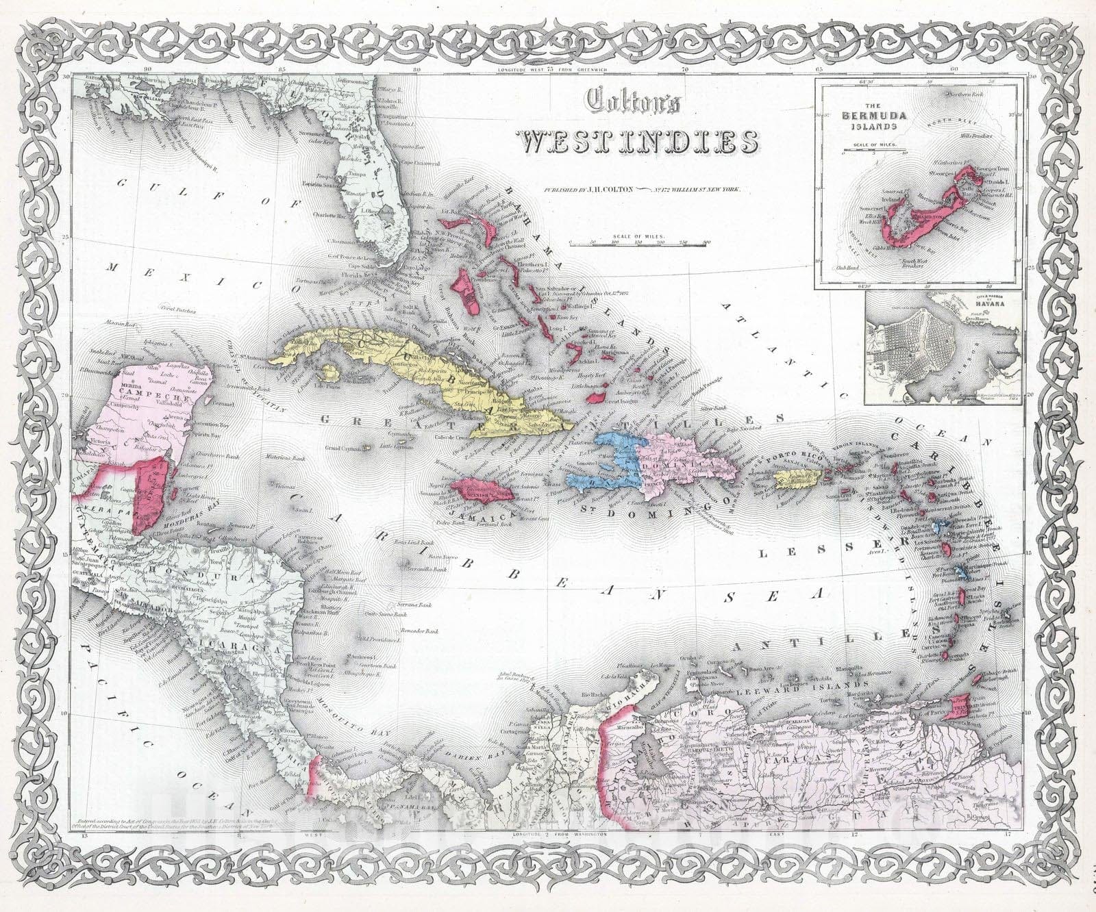 Historic Map : 1865 The West Indies. Burmuda. - Vintage Wall Art