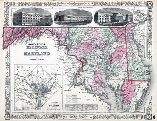 Historic Map : 1864 Delaware and Maryland - Vintage Wall Art