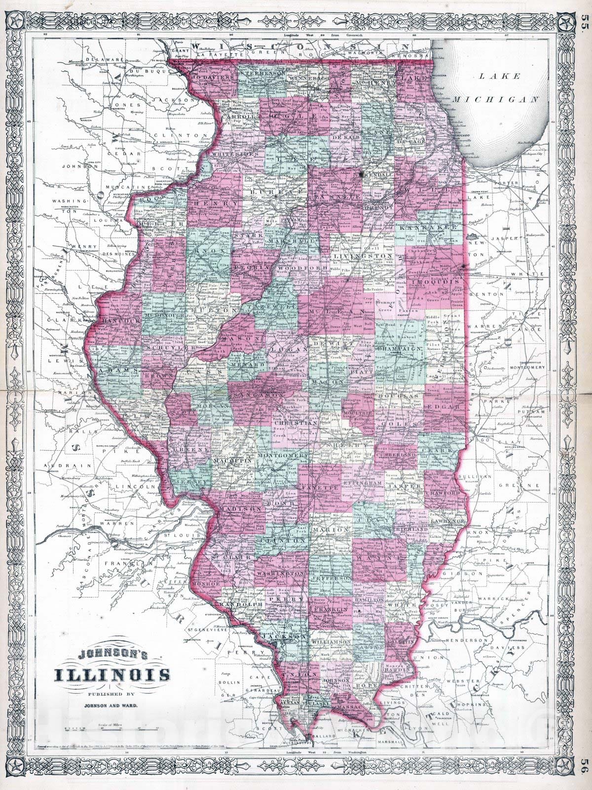 Historic Wall Map : 1864 Illinois - Vintage Wall Art