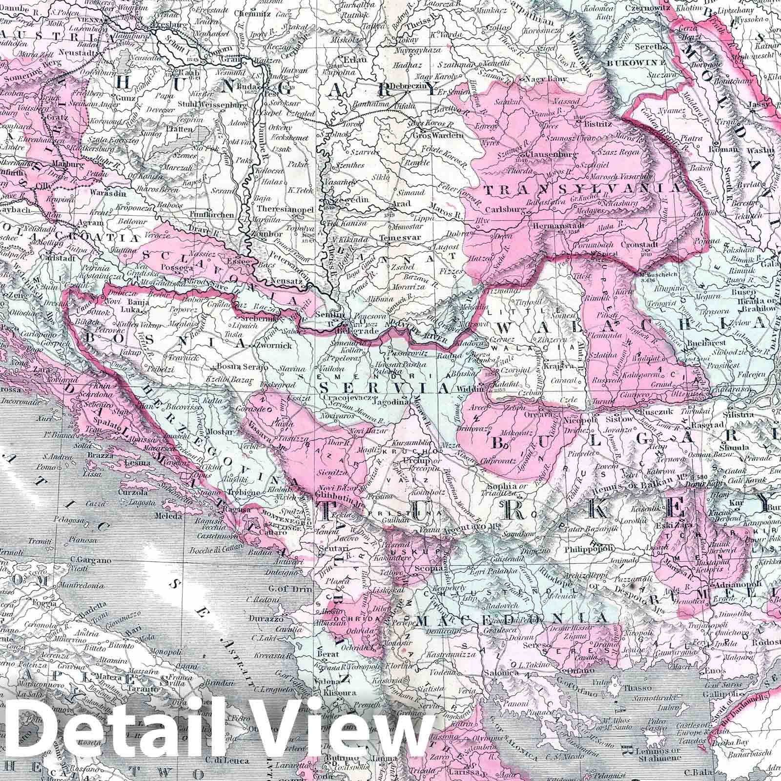 Austria, Turkey, and Greece - Physical Map, 1864 - Historical Map Print