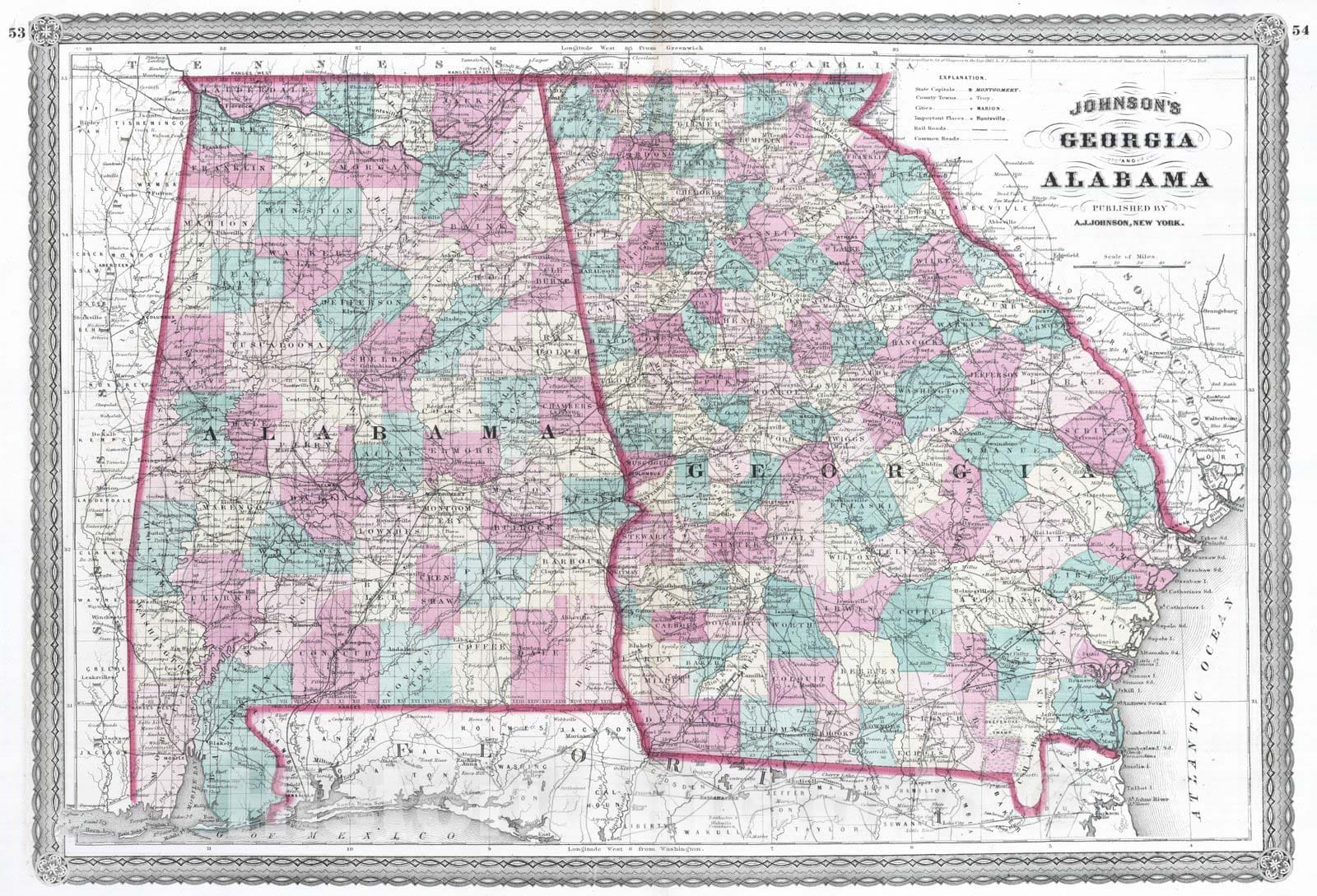 Historic Map : 1870 Georgia and Alabama. - Vintage Wall Art