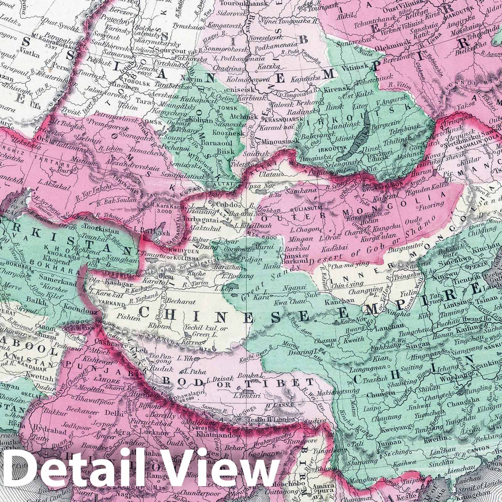 Asia - Physical Map, 1865 - Johnson's Family Atlas Historical Map Print