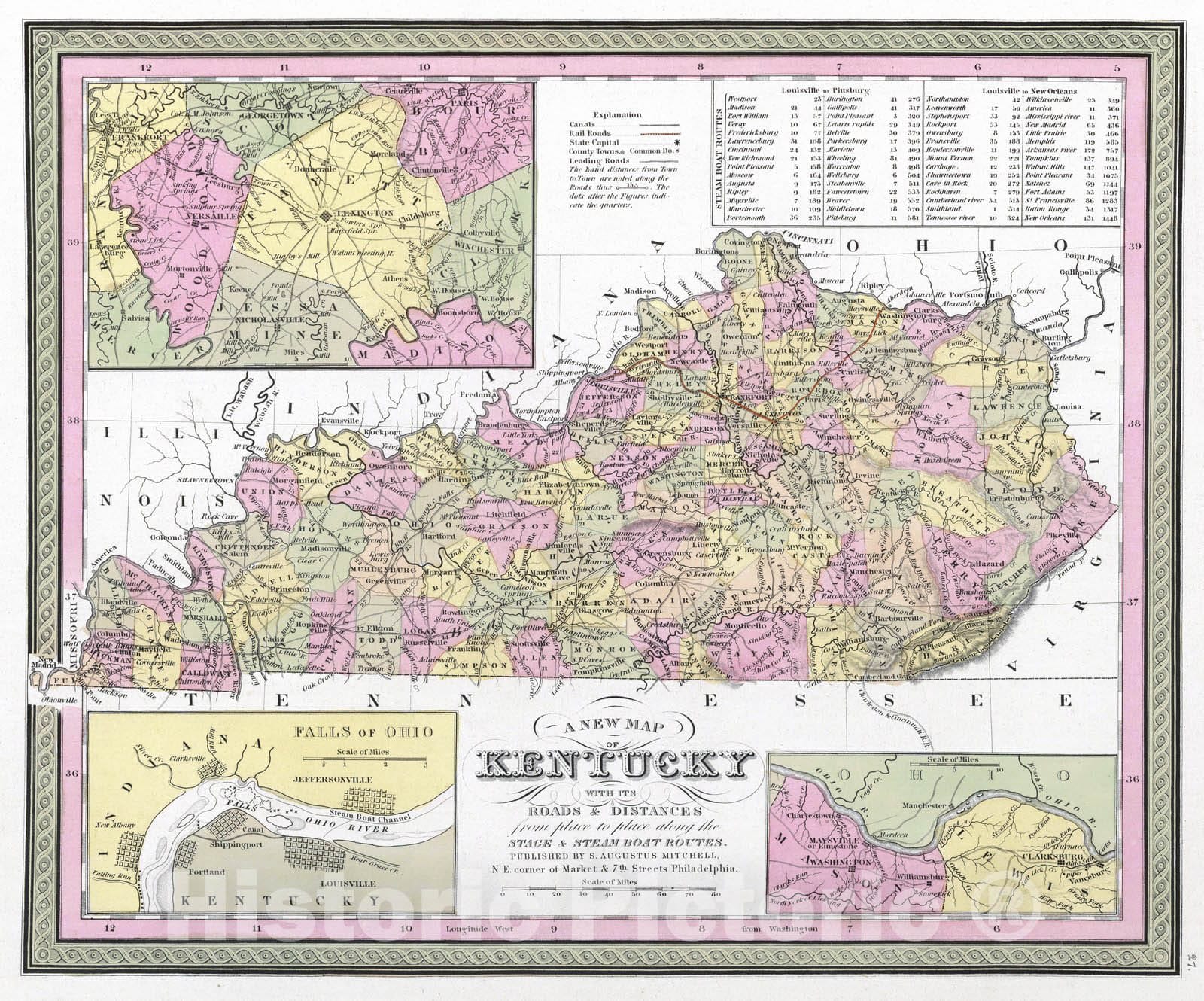 Historic Map : 1849 New Map of Kentucky with its Roads & Distances - Vintage Wall Art