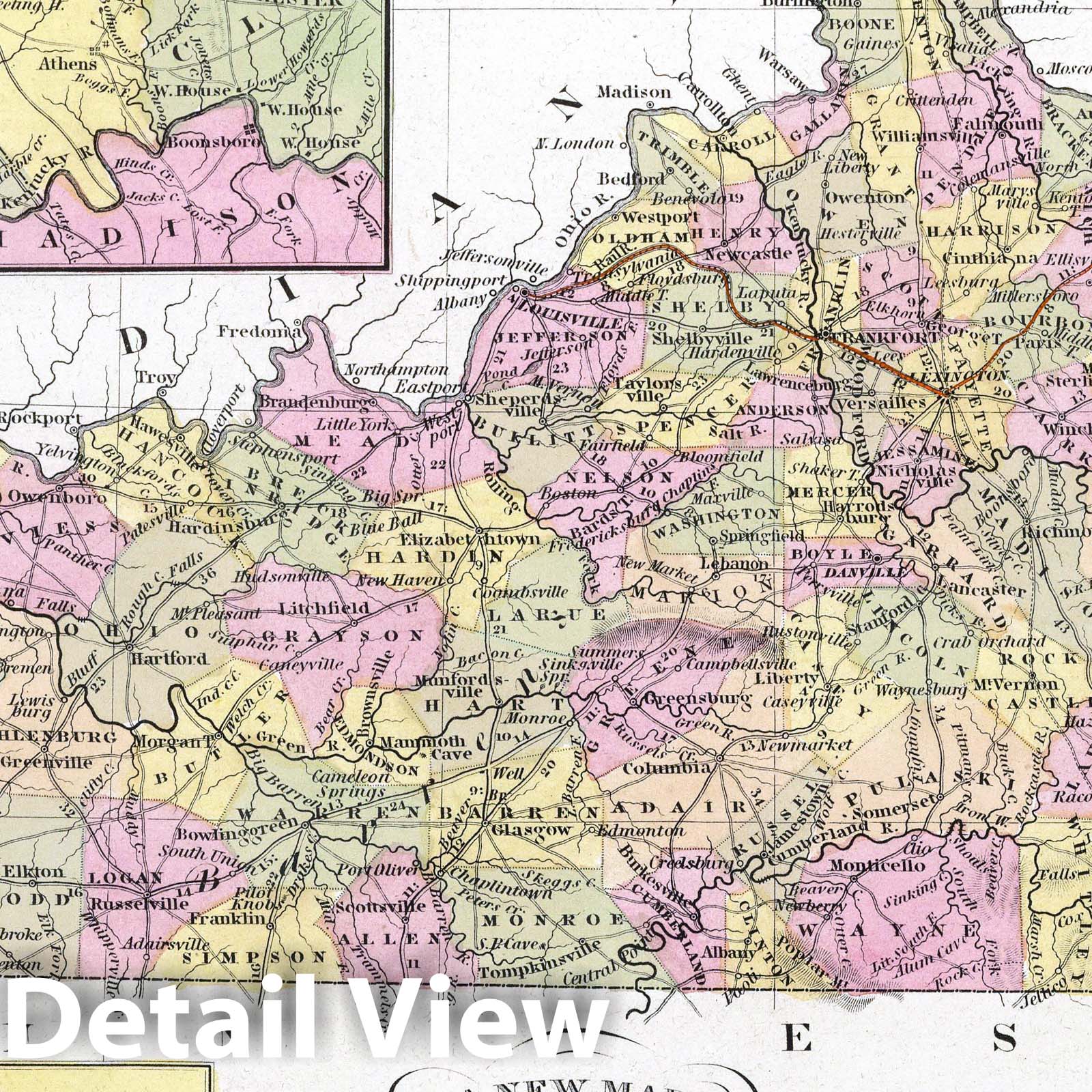 Kentucky with Roads and Distances - 1849 Mitchell Atlas Map Print
