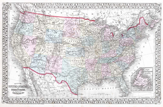 Historic Map : 1874 United States and Territories together with Canada. - Vintage Wall Art
