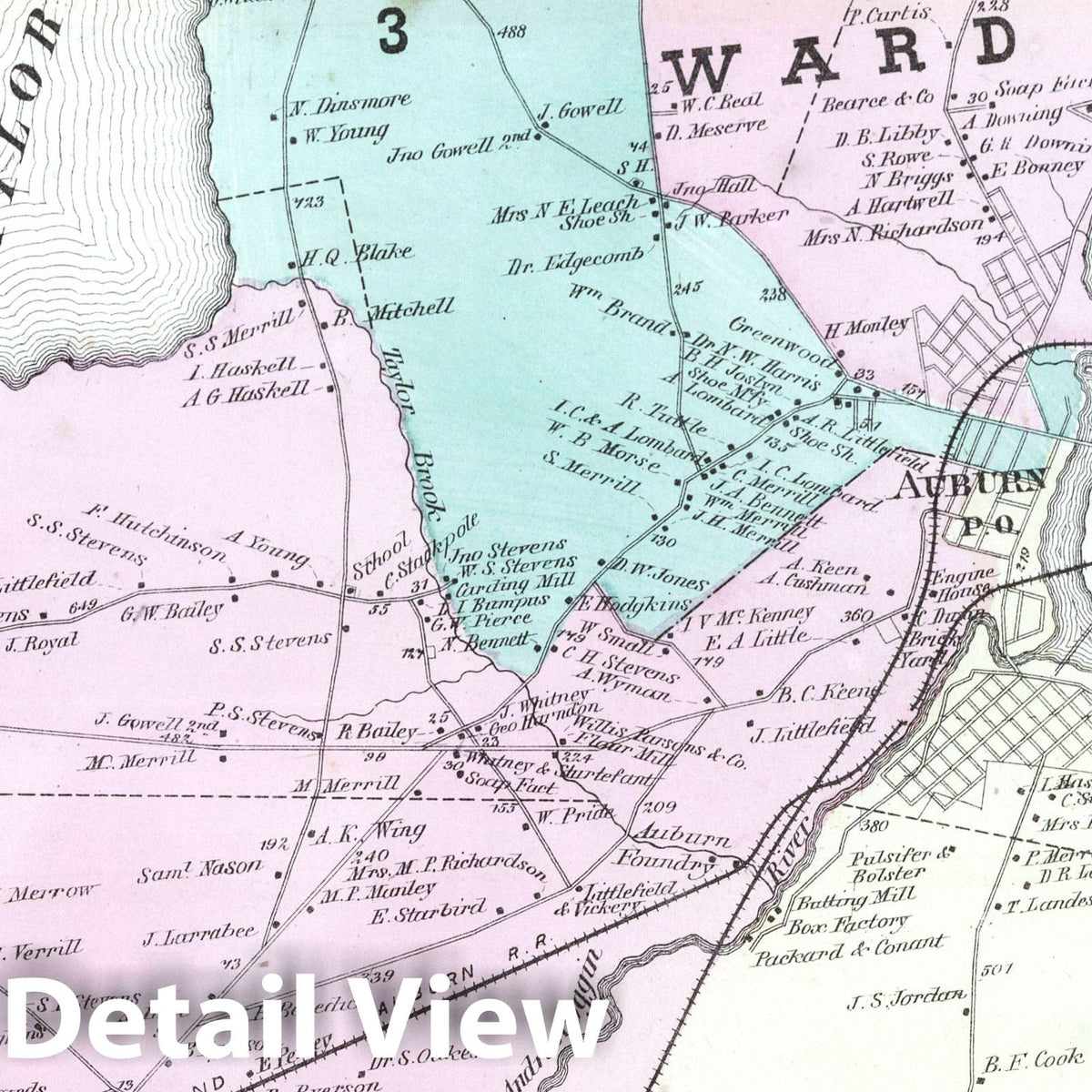 Auburn, Maine Property Map 1873 - Hand-Colored Historical Reproduction