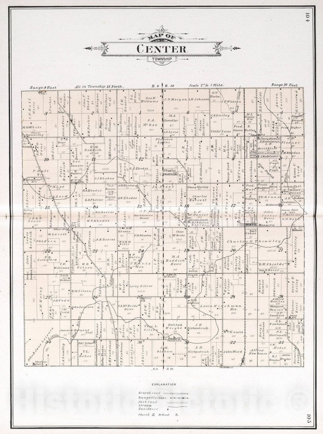 Historic Map : 1908 Center Township, Rush County, Indiana. - Vintage Wall Art