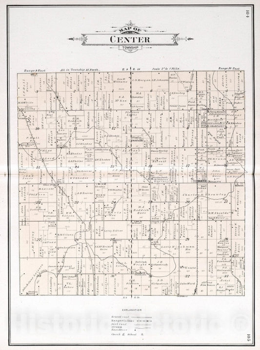 Historic Map : 1908 Center Township, Rush County, Indiana. - Vintage Wall Art