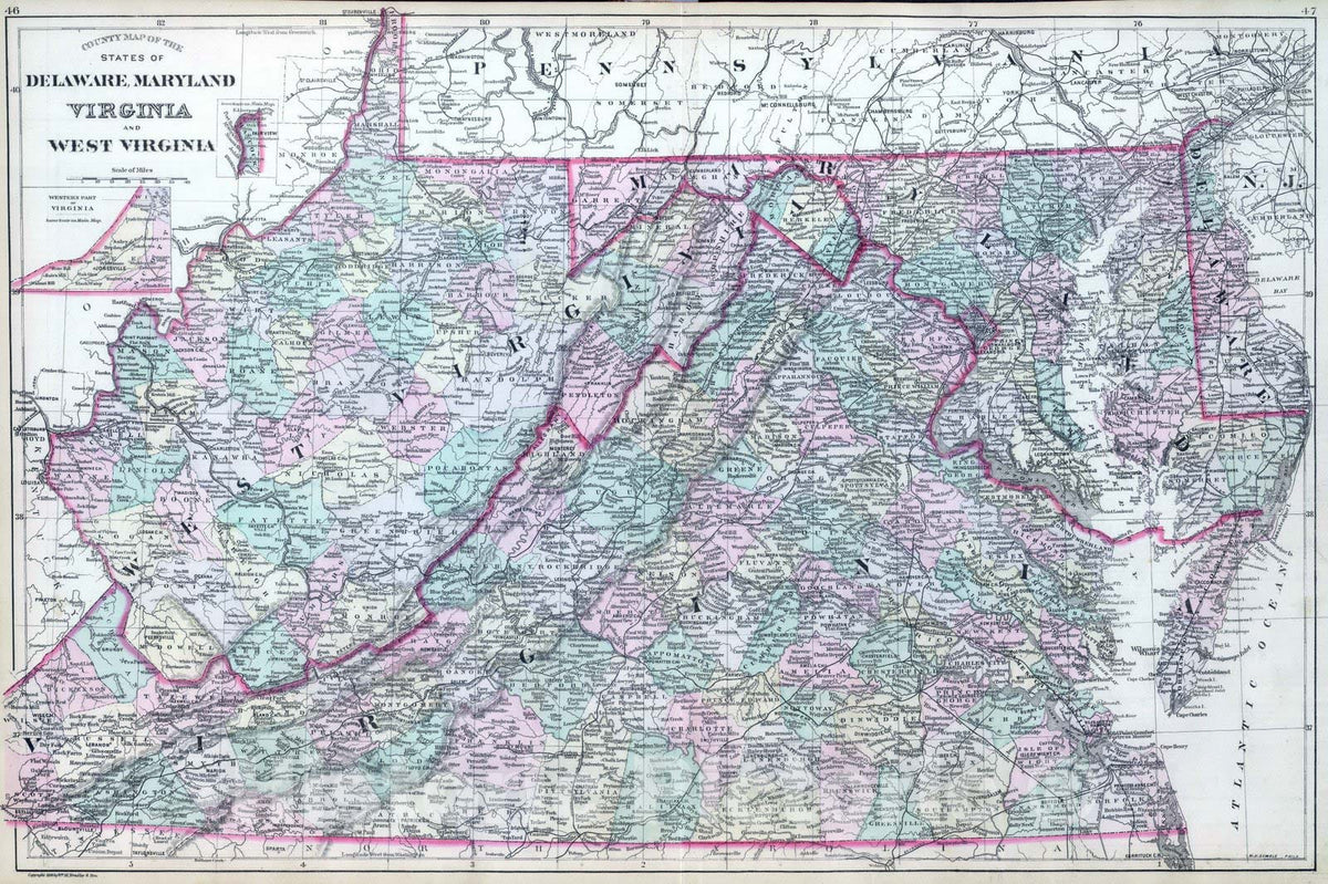 Historic Map : Delaware, 1886 Del, Md, Va, W. Va. , Vintage Wall Art