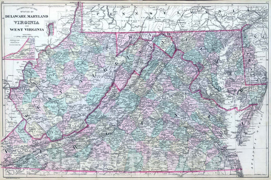 Historic Map : Delaware, 1886 Del, Md, Va, W. Va. , Vintage Wall Art