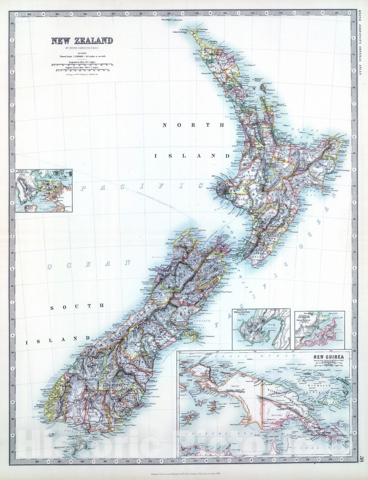 New Zealand with New Guinea and insets Auckland, Wellington, Dunedin - 1893 Historical Map