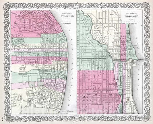 Historic Map : 1865 Saint Louis, Missouri, Chicago, Illinois. - Vintage Wall Art