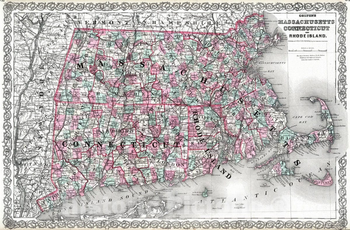 Historic Map : 1869 Massachusetts, Connecticut and Rhode Island. - Vintage Wall Art