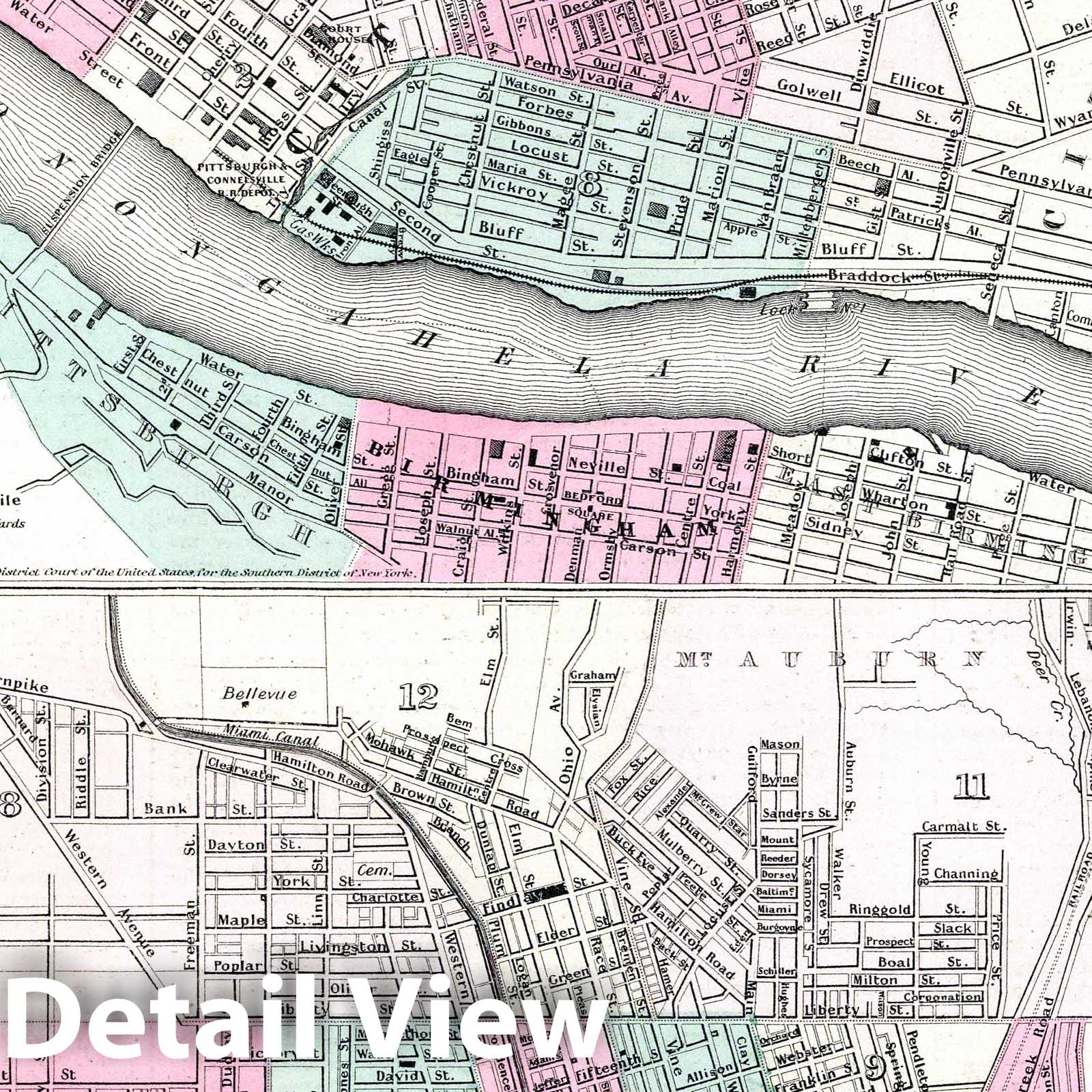 Pittsburgh and Allegheny, Pennsylvania and Cincinnati, Ohio 1869 Historical Map Print