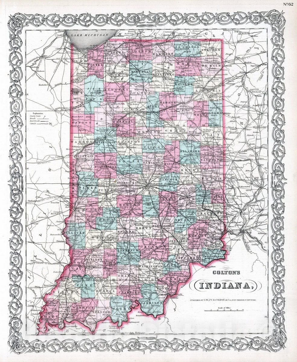 Historic Map : 1869 Indiana. - Vintage Wall Art