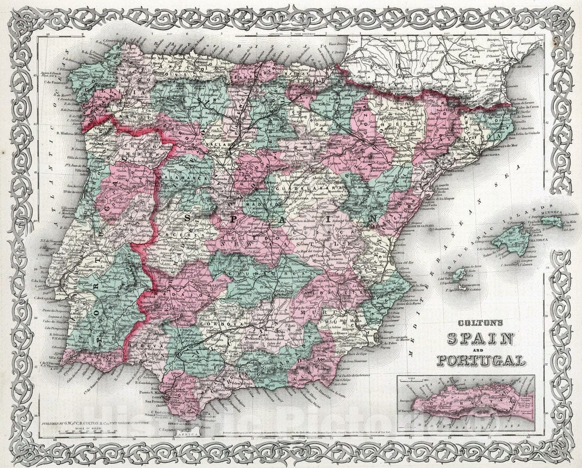 Historic Map : 1869 Spain and Portugal : Vintage Wall Art