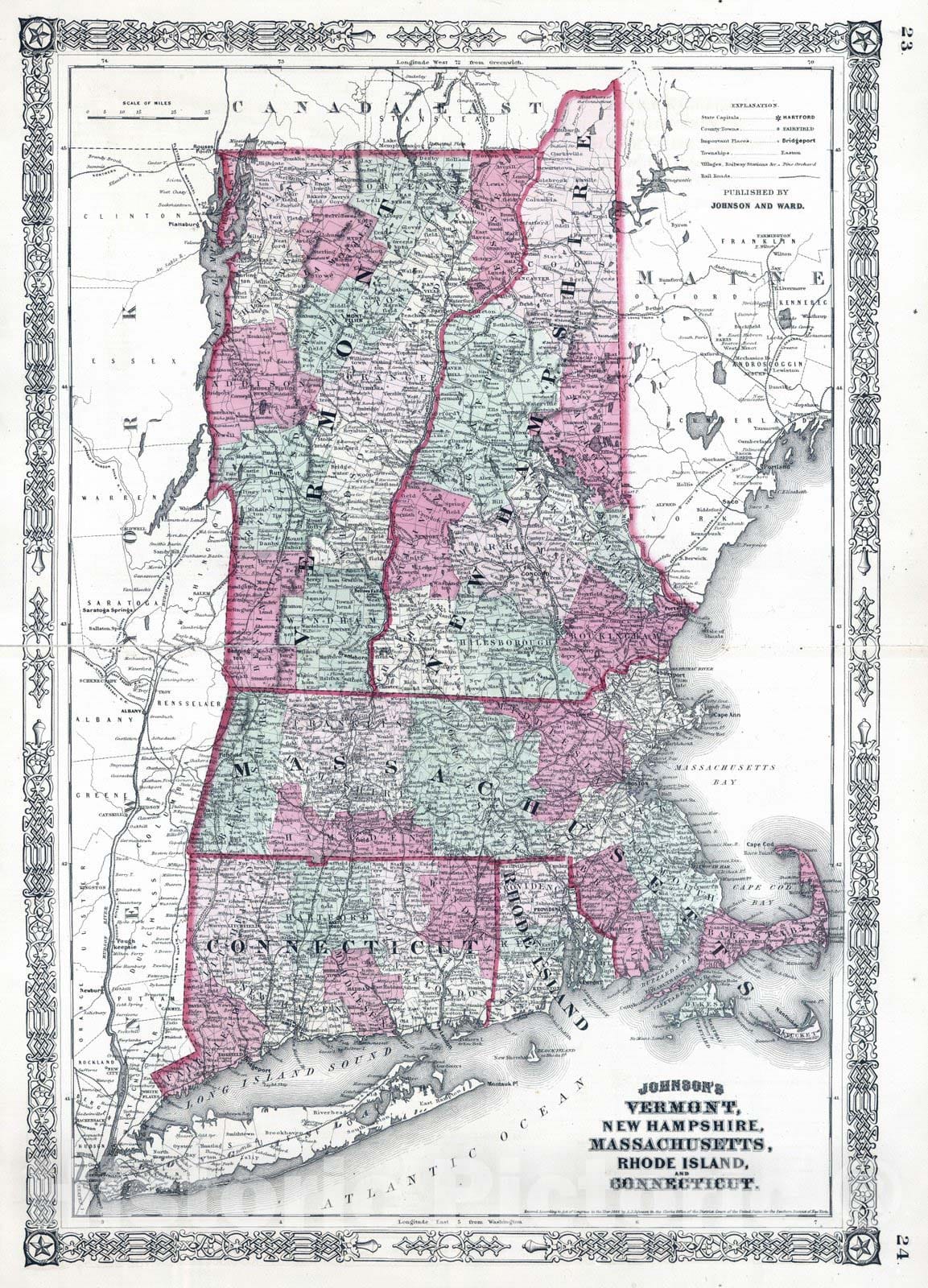 Historic Wall Map : 1864 Vermont, New Hampshire, Massachusetts, Rhode Island, and Connecticut - Vintage Wall Art