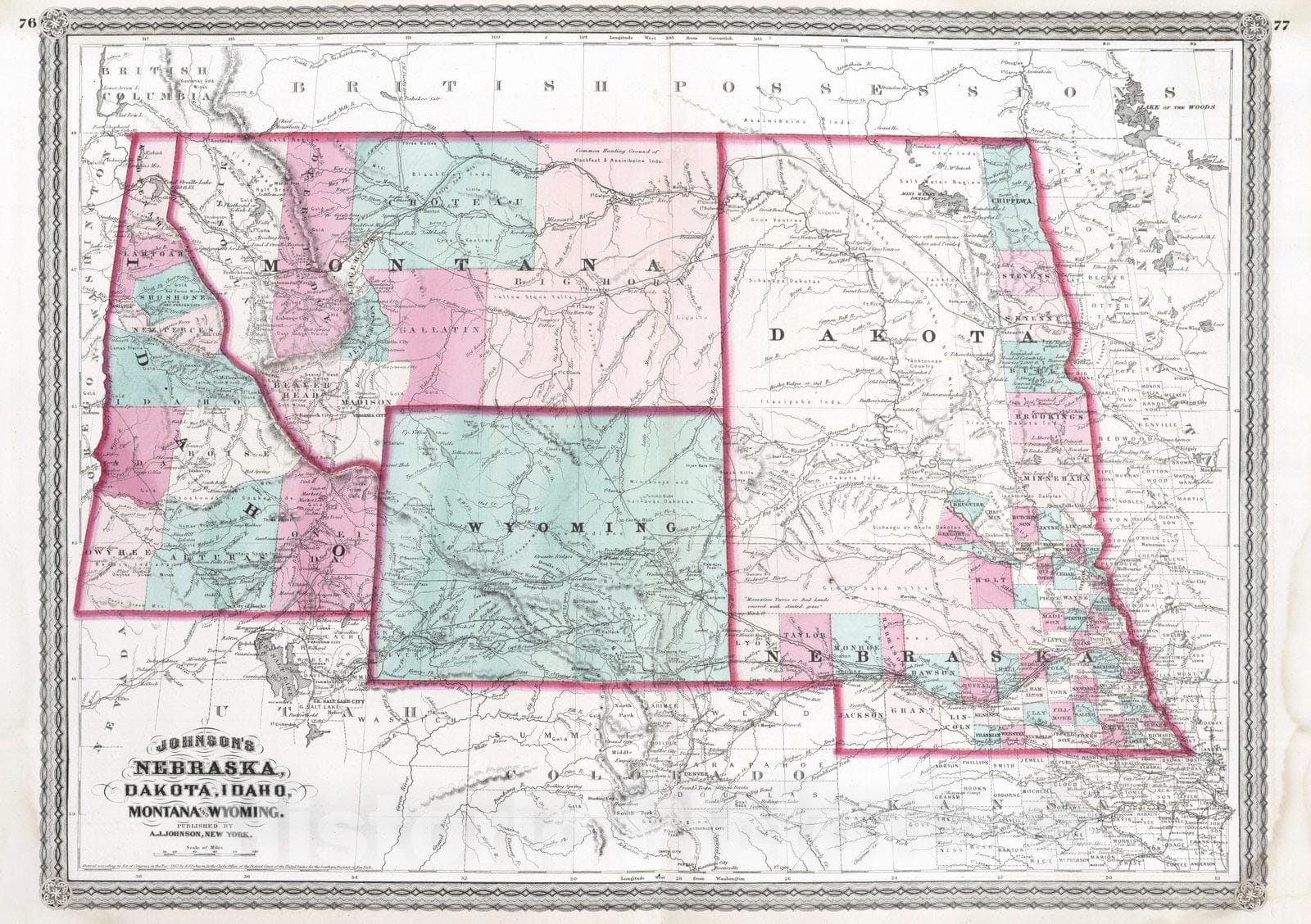Historic Map : 1870 Nebraska, Dakota, Idaho, Montana and Wyoming. - Vintage Wall Art