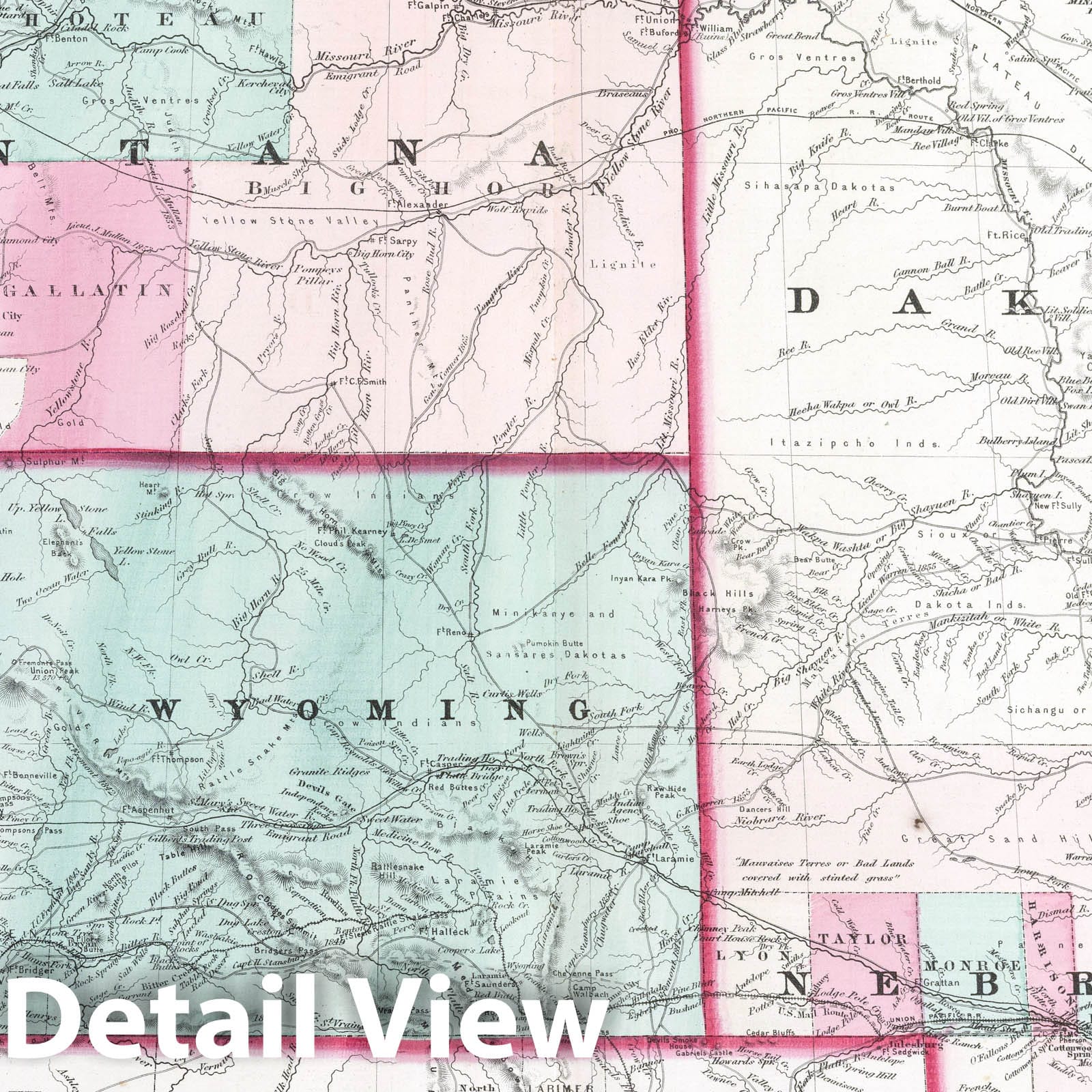 Nebraska, Dakota, Idaho, Montana, and Wyoming - Physical Map, 1870