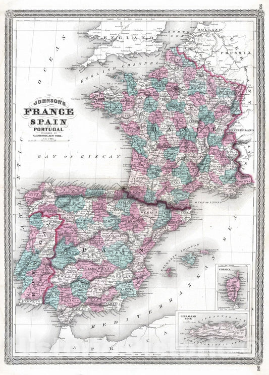 Historic Map : 1870 France, Spain, and Portugal. - Vintage Wall Art