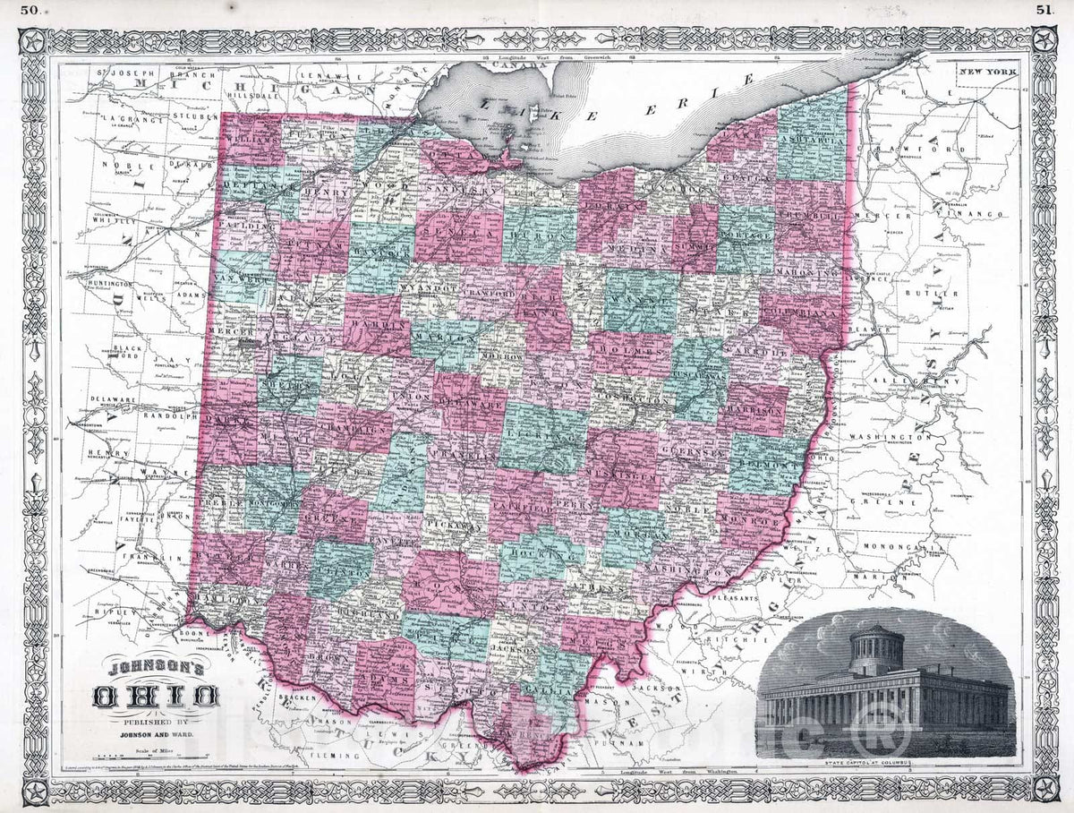 Historic Wall Map : 1864 Ohio. - Vintage Wall Art