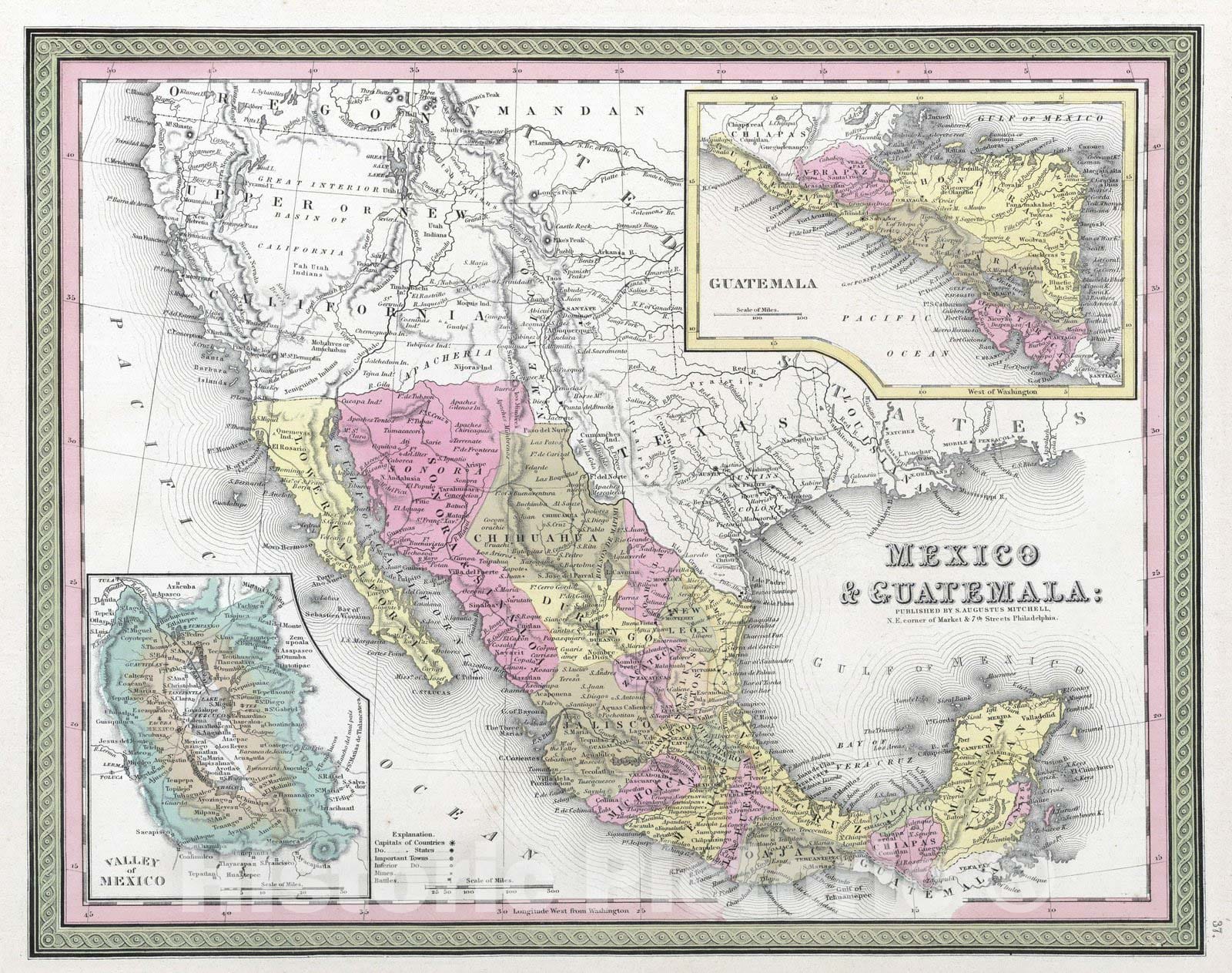 Historic Map : 1849 Mexico & Guatemala - Vintage Wall Art