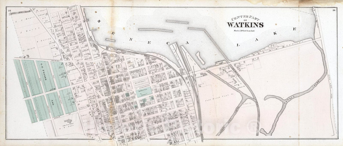 Historic Map : 1874 Center Part of Watkins, New York. - Vintage Wall Art