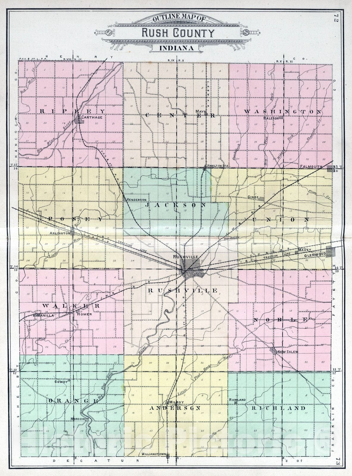 Historic Map : 1908 Outline Map of Rush County, Indiana. - Vintage Wall Art