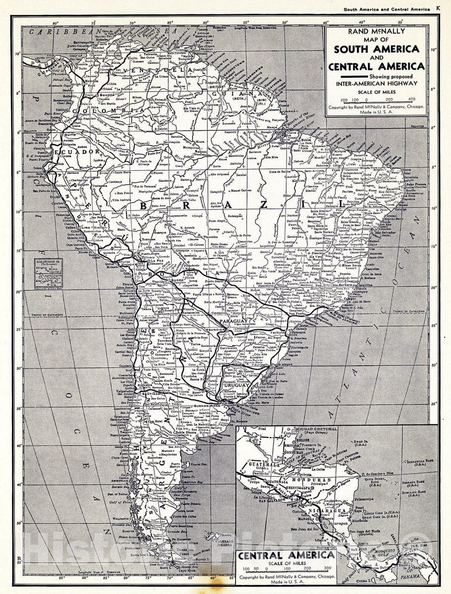 Central and South America - Road Map, 1940 - Historical Atlas Reproduction