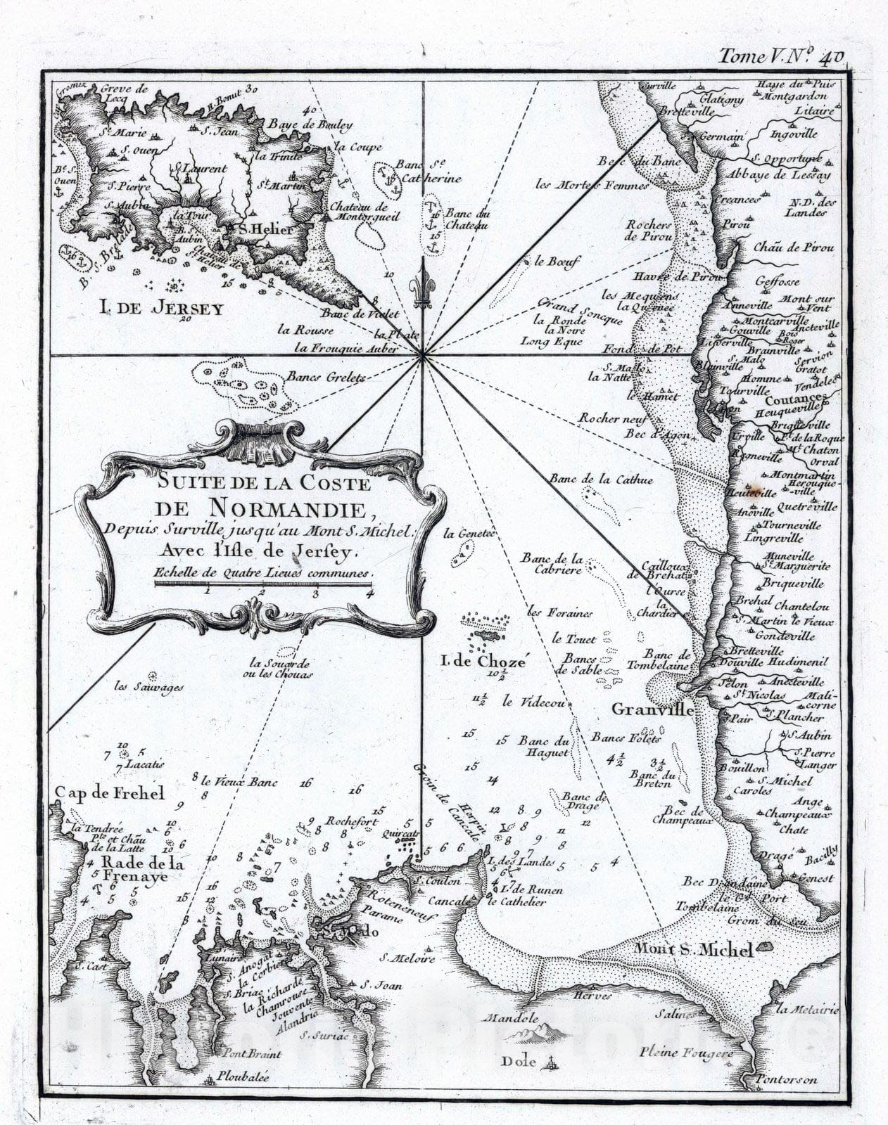 Historic Map : France, Normandie , France 1764 Suite de la coste de Normandie, depuis Surville jusqu'au Mont S. Michel: avec I'isle de Jersey. , Vintage Wall Art