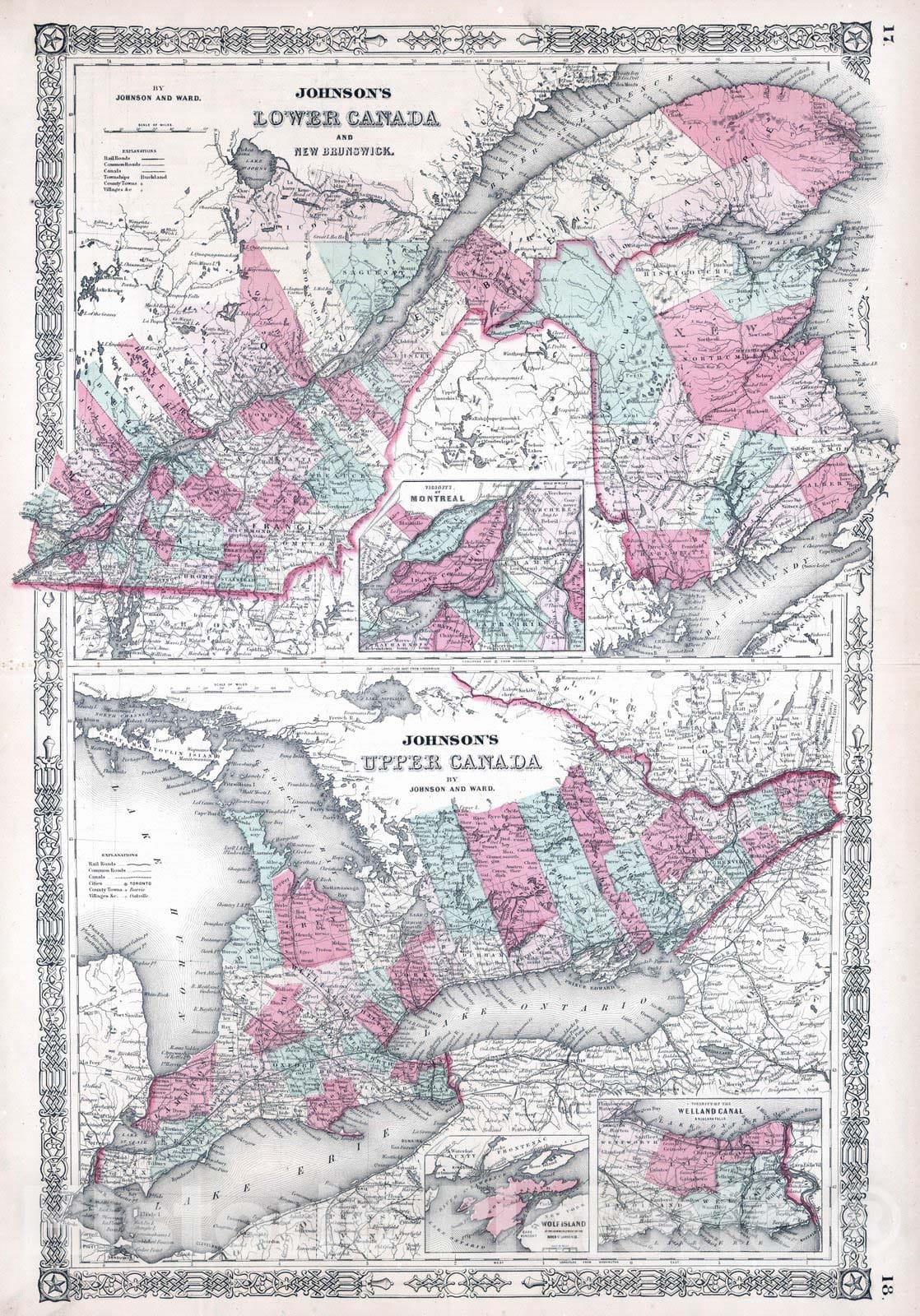 Historic Map : 1864 Lower Canada And New Brunswick, Upper Canada - Vintage Wall Art