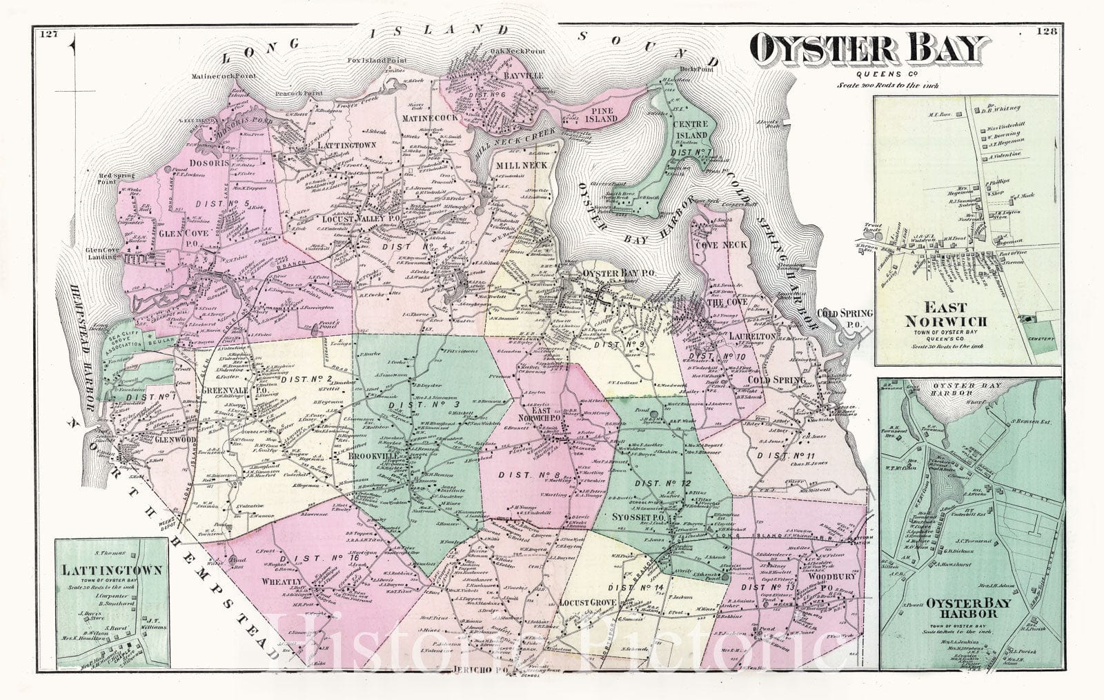 Historic Map : 1873 Oyster Bay, East Norwich, Oyster Bay Harbor, in Oyster Bay. Long Island. - Vintage Wall Art