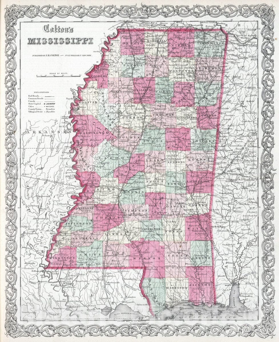 Historic Map : 1865 Mississippi. - Vintage Wall Art