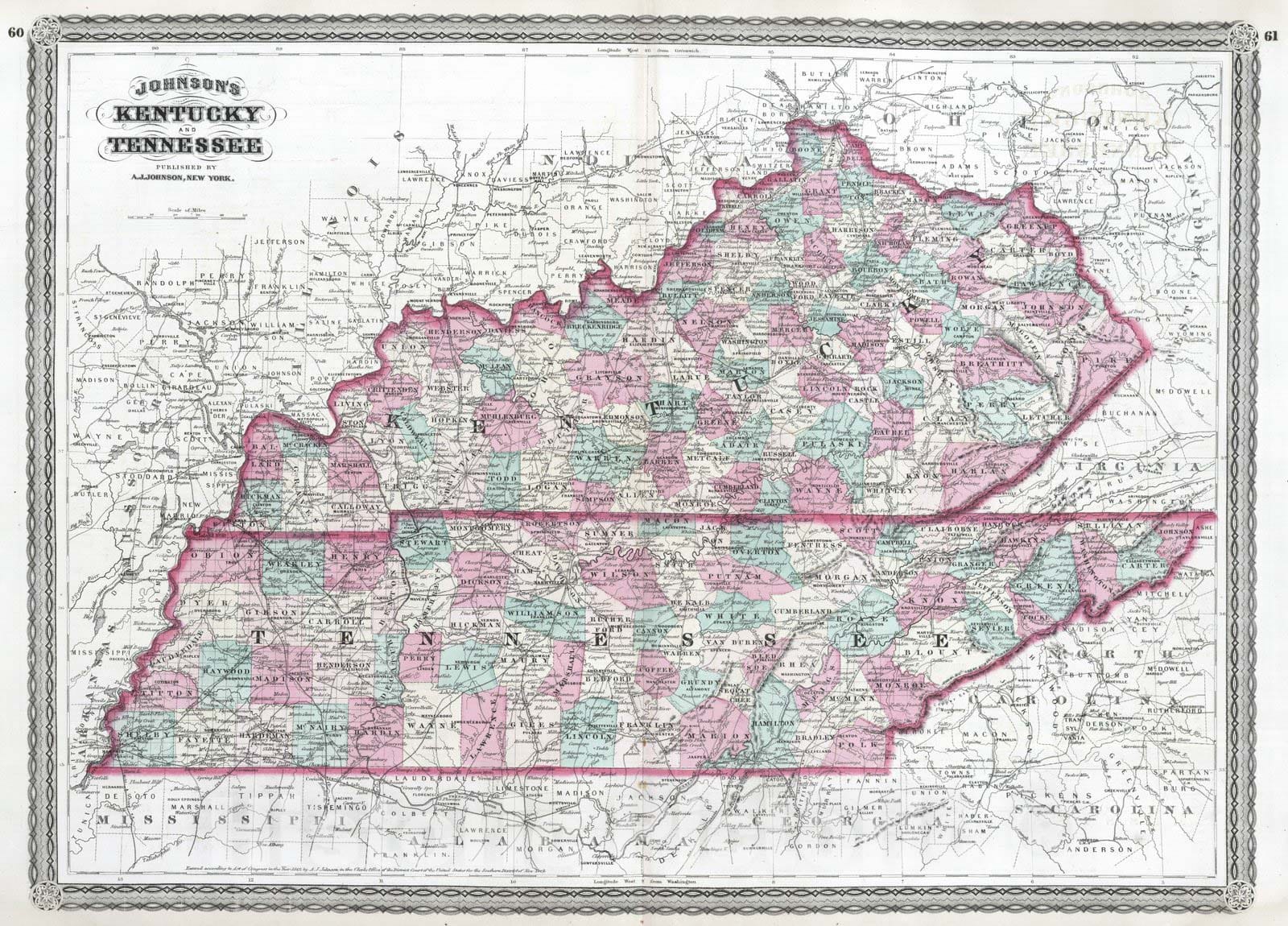 Historic Map : 1870 Kentucky and Tennessee. - Vintage Wall Art