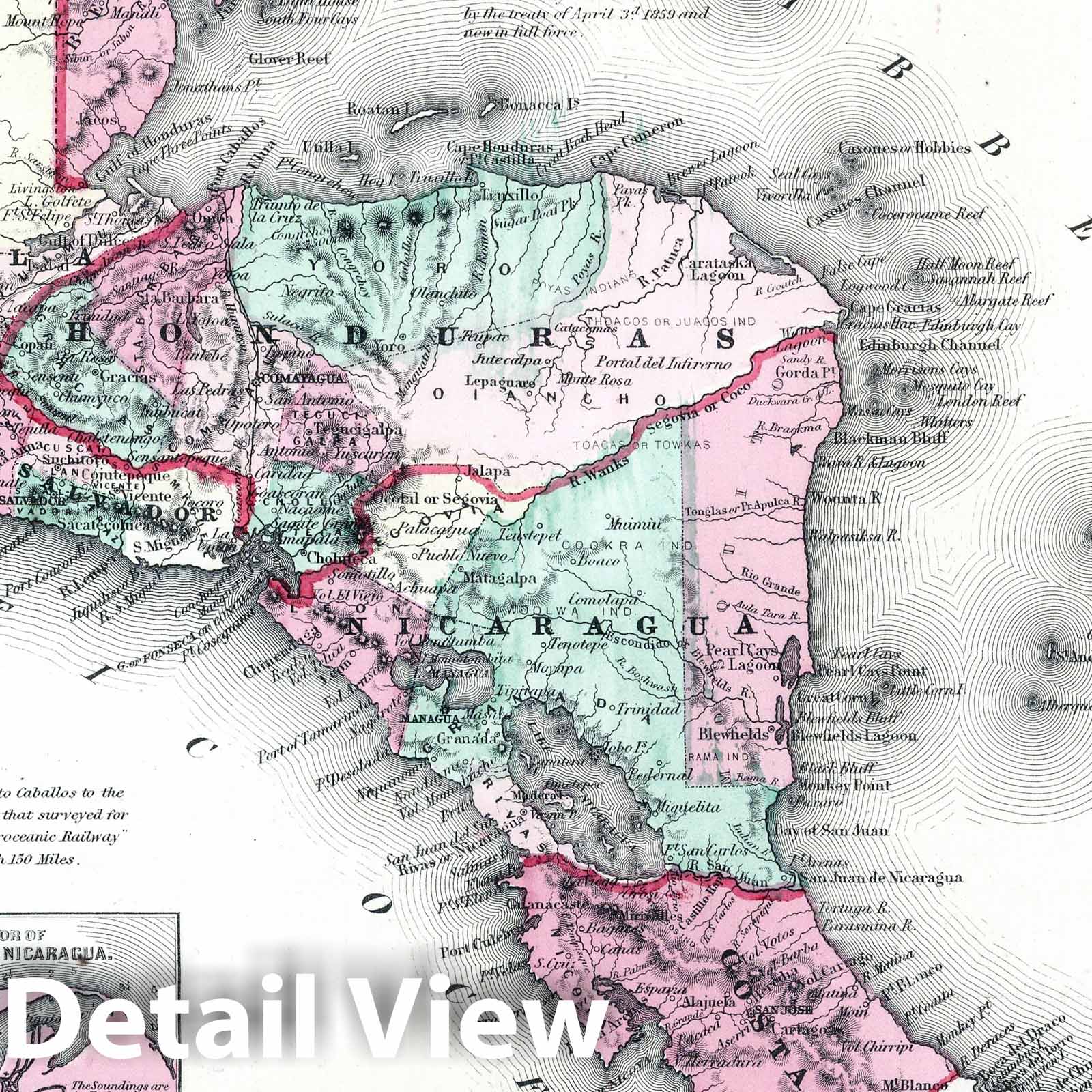 Central America - Route Map, 1865 - Historical Map Print